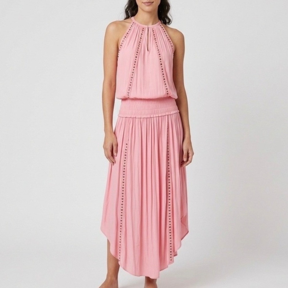 NEW Ramy Brook Farah Dress Coral Pink Studded Halter Midi High-Low Size XS